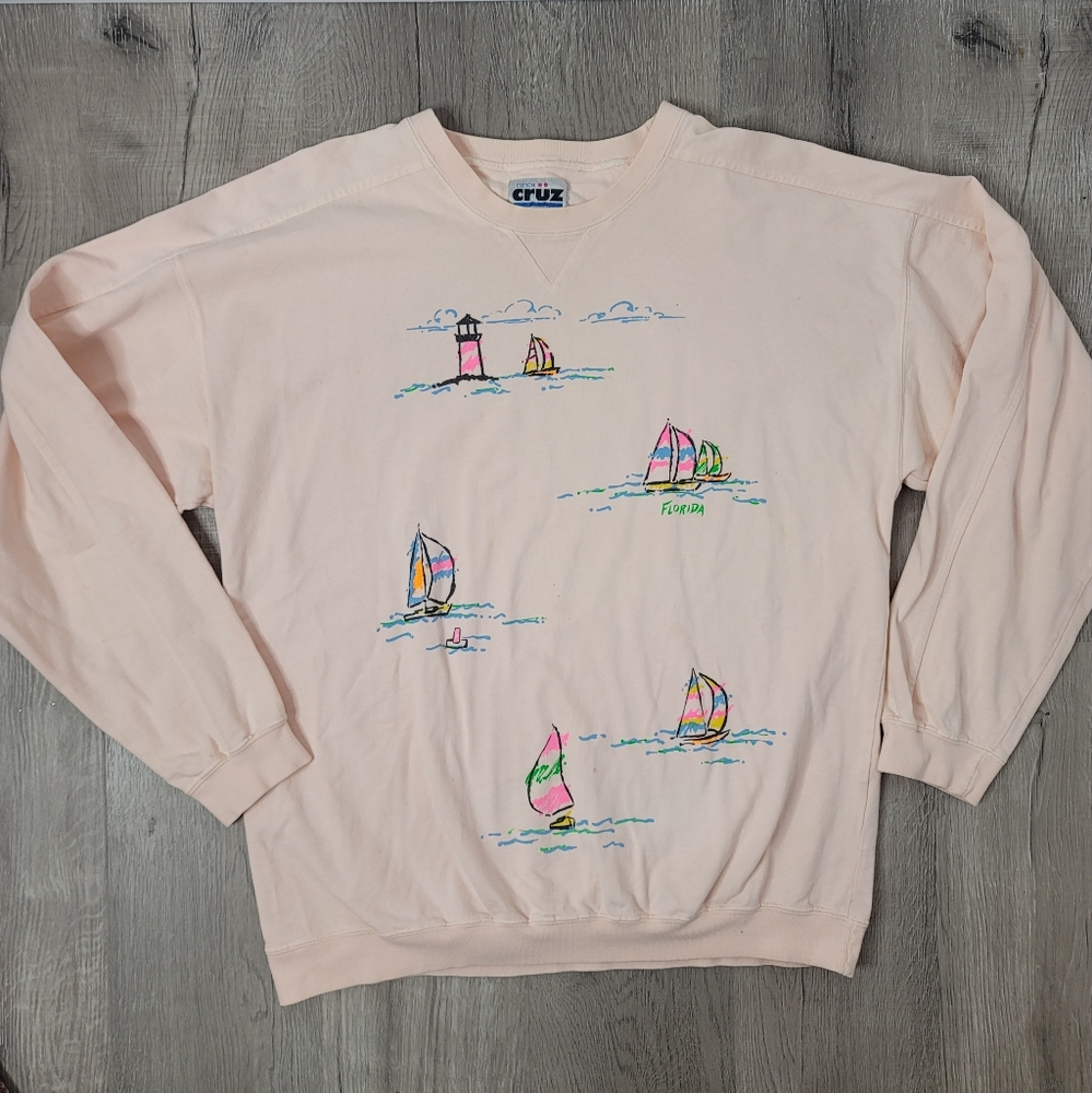 Cruz vintage Florida sweater sweat shirt sail boats light house neon size XL.